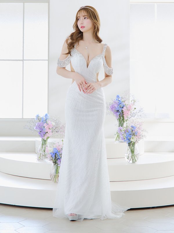 画像5: 【ANGEL R PREMIUM/エンジェルアールプレミアム】スパンコール/ レース/ オープンショルダー/ ビジュー/ マーメイド/ ロング/ キャバドレス long[OF2]