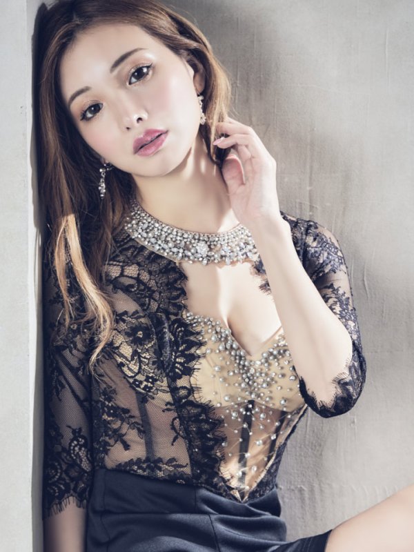 画像15: XSサイズあり【ANGEL R/エンジェルアール】デコルテビジュー/ ハーフスリーブ/ レース/タイト/ ミニドレス/ キャバドレス[OF2]