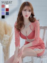 sugarxARコラボカラー・XSサイズあり【ANGEL R/エンジェルアール】レーススリーブ/ 七分袖/ 長袖/ 袖あり/ デコルテウエストスパンコールビジュー/ アメスリ/ タイト/ ミニドレス/ キャバドレス[OF2]