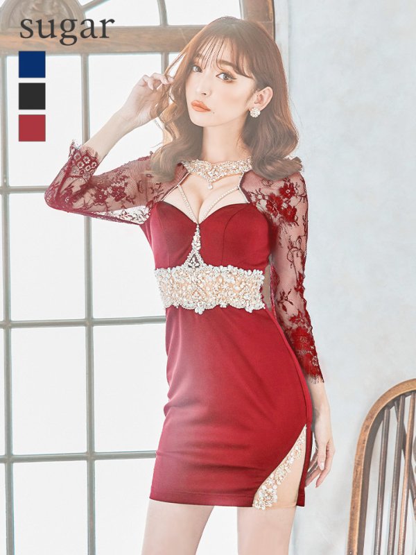 画像41: sugarxARコラボカラー・XSサイズあり【ANGEL R/エンジェルアール】レーススリーブ/ 七分袖/ 長袖/ 袖あり/ デコルテウエストスパンコールビジュー/ アメスリ/ タイト/ ミニドレス/ キャバドレス[OF2]