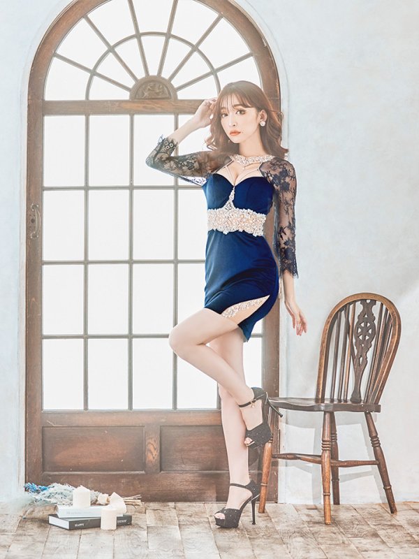 画像2: sugarxARコラボカラー・XSサイズあり【ANGEL R/エンジェルアール】レーススリーブ/ 七分袖/ 長袖/ 袖あり/ デコルテウエストスパンコールビジュー/ アメスリ/ タイト/ ミニドレス/ キャバドレス[OF2]