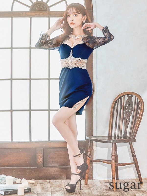 画像7: sugarxARコラボカラー・XSサイズあり【ANGEL R/エンジェルアール】レーススリーブ/ 七分袖/ 長袖/ 袖あり/ デコルテウエストスパンコールビジュー/ アメスリ/ タイト/ ミニドレス/ キャバドレス[OF2]