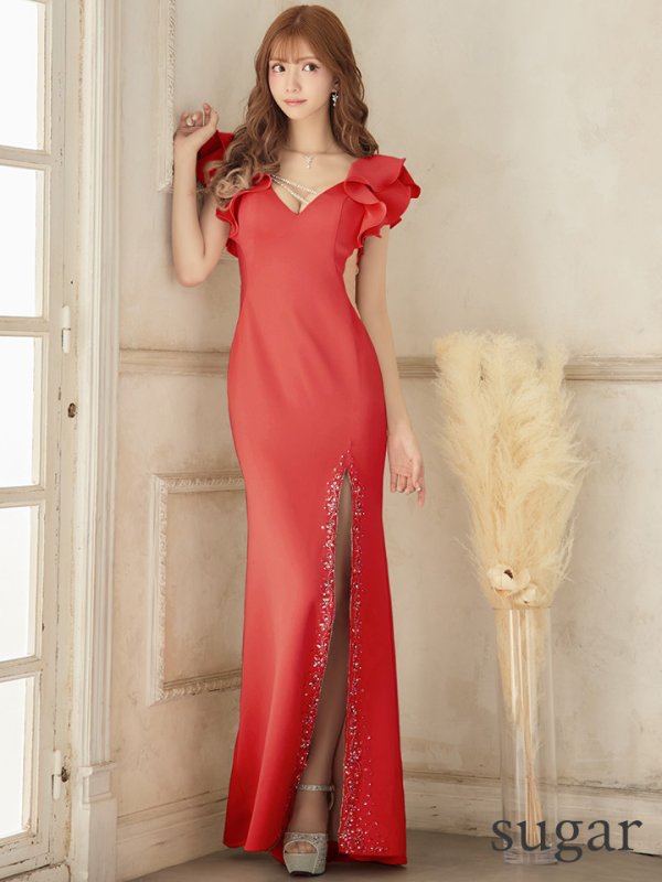 画像8: 【ANGEL R/エンジェルアール】ショルダーフリル/ フリル/ チェーンビジュー/ スリット/ タイト/ ロングドレス/ キャバドレス long[OF2]