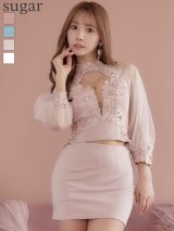 XSサイズあり【ANGEL R/エンジェルアール】フラワーレース/ パールチェーン/ 長袖/ ロングスリーブ/ 袖あり/ タイト/ マイクロミニドレス/ キャバドレス[OF2]