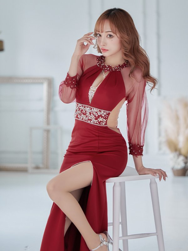 画像5: 【ANGEL R/エンジェルアール】長袖/ 袖あり/ アメスリ/ フラワーデザイン/ パール/ ビジュー/ スリット/ ストレッチ/ タイト/ ロング/ キャバドレスlong[OF2]