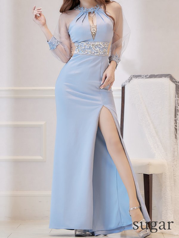 画像21: 【ANGEL R/エンジェルアール】長袖/ 袖あり/ アメスリ/ フラワーデザイン/ パール/ ビジュー/ スリット/ ストレッチ/ タイト/ ロング/ キャバドレスlong[OF2]