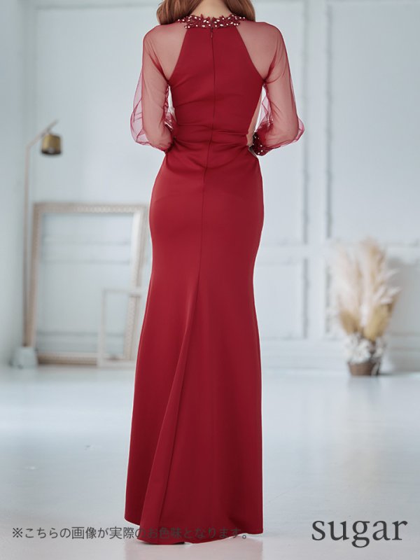 画像9: 【ANGEL R/エンジェルアール】長袖/ 袖あり/ アメスリ/ フラワーデザイン/ パール/ ビジュー/ スリット/ ストレッチ/ タイト/ ロング/ キャバドレスlong[OF2]