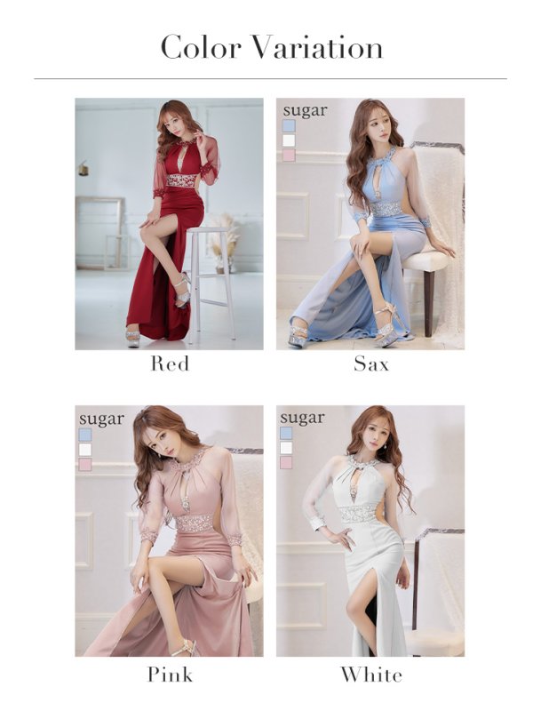 画像35: 【ANGEL R/エンジェルアール】長袖/ 袖あり/ アメスリ/ フラワーデザイン/ パール/ ビジュー/ スリット/ ストレッチ/ タイト/ ロング/ キャバドレスlong[OF2]