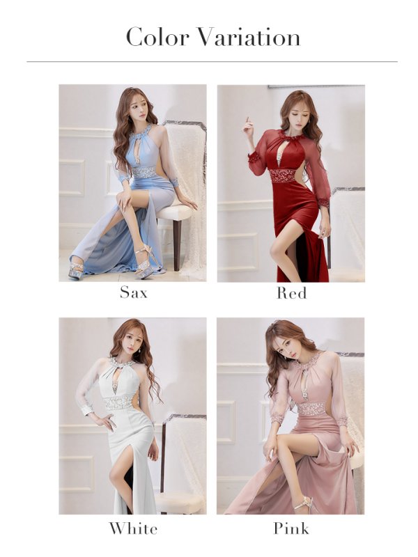 画像35: 【ANGEL R/エンジェルアール】長袖/ 袖あり/ アメスリ/ フラワーデザイン/ パール/ ビジュー/ スリット/ ストレッチ/ タイト/ ロング/ キャバドレスlong[OF2]