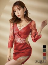 XSサイズあり【ANGEL R/エンジェルアール】フラワーレース/ 長袖/ 袖あり/ ビジュー/ サイドシアー/ タイト/ ミニドレス/ キャバドレス[OF2]