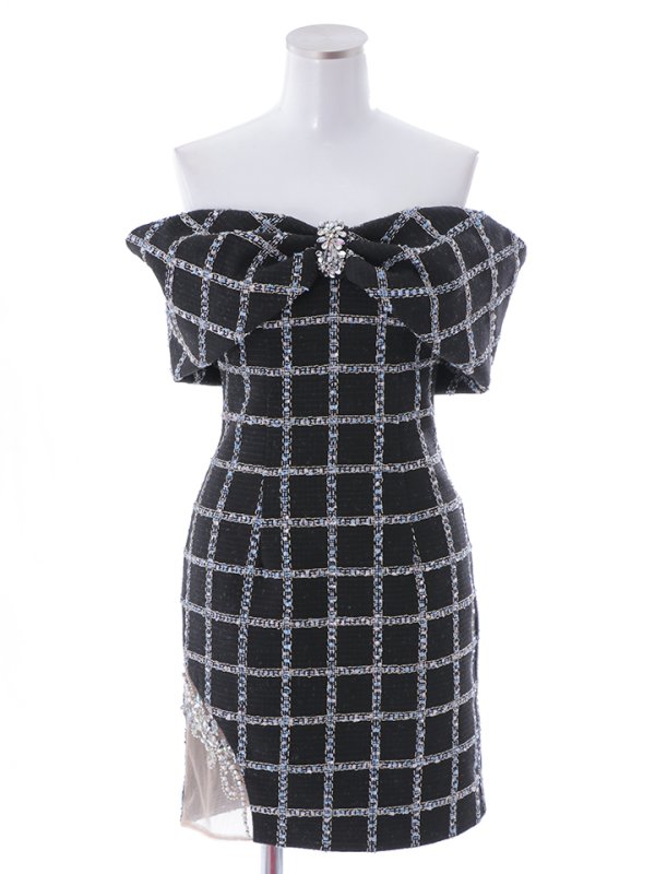 画像10: XSサイズあり【ANGEL R/エンジェルアール】オフショルダー/ ラメチェックツイード/ ビジューリボン/ タイト/ ミニドレス/ キャバドレス[OF2]