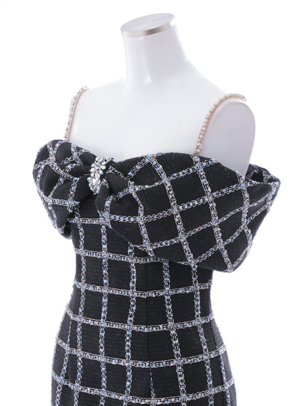 画像12: XSサイズあり【ANGEL R/エンジェルアール】オフショルダー/ ラメチェックツイード/ ビジューリボン/ タイト/ ミニドレス/ キャバドレス[OF2]