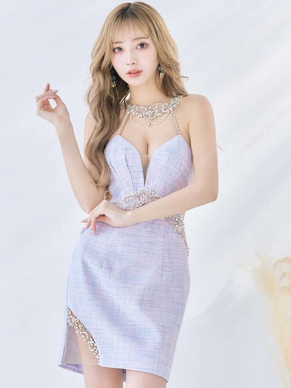 画像5: XSサイズあり【ANGEL R/エンジェルアール】ツイード/デコルテパールビジュー/ Vバスト/ タック/ ホルター/ アメスリ/タイト/ ミニドレス/ キャバドレス[OF2]