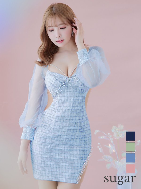 画像1: XSサイズあり【ANGEL R/エンジェルアール】チェック/ バストパールビジュー/ ロングスリーブ/ 長袖/ 袖あり/ タイト/ ミニドレス/ キャバドレス[OF2]
