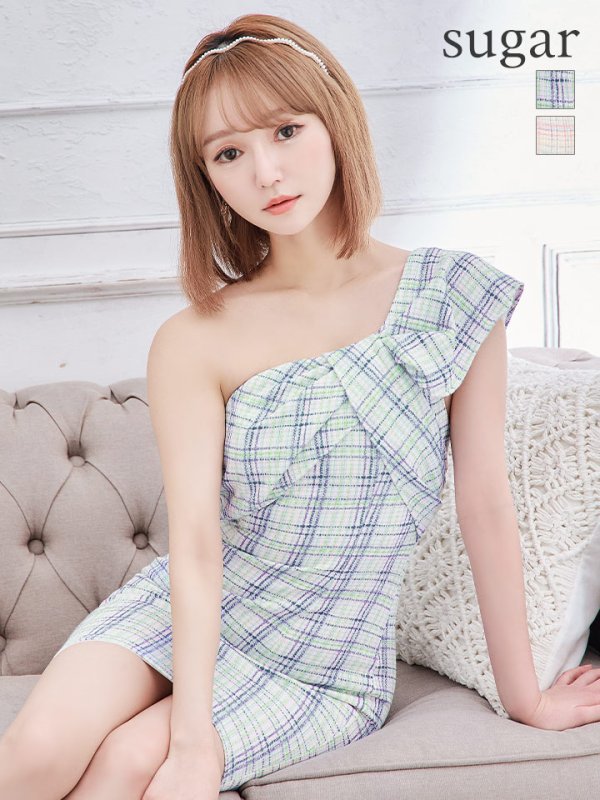 画像1: XSサイズあり【ANGEL R/エンジェルアール】リボンワンショルダー/ チェック/ タイト/ ミニドレス/ キャバドレス[OF2]