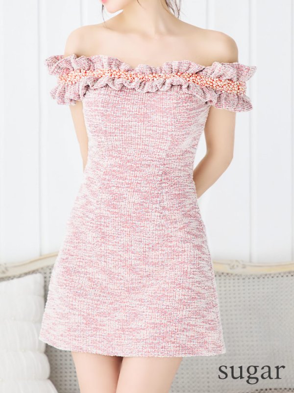 画像22: XSサイズあり【ANGEL R/エンジェルアール】ツイード/ ビジュー/ フリル/ オフショルダー/ フレア/ミニドレス/ キャバドレス[OF2]