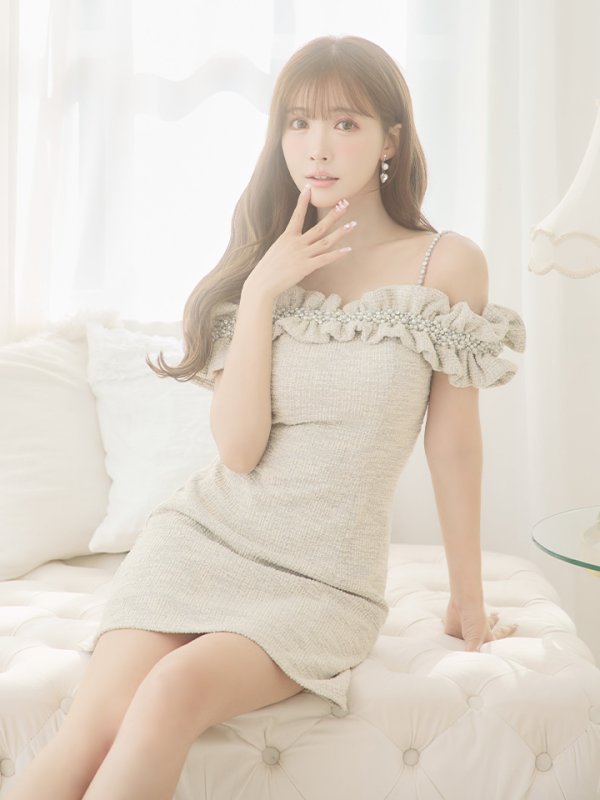 画像8: XSサイズあり【ANGEL R/エンジェルアール】ツイード/ ビジュー/ フリル/ オフショルダー/ フレア/ミニドレス/ キャバドレス[OF2]