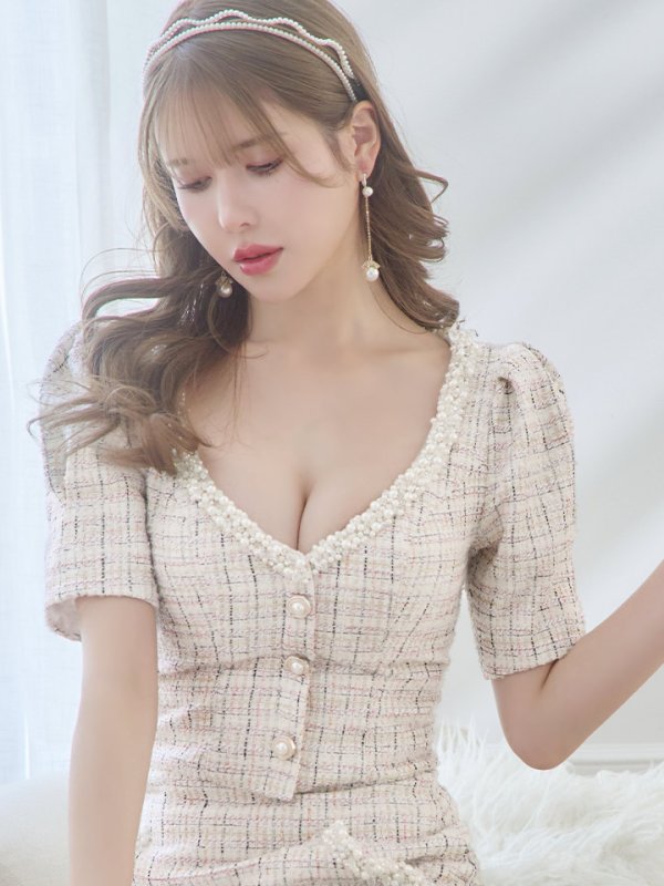 画像3: XSサイズあり【ANGEL R/エンジェルアール】デコルテパール/ ビジュー/ パフスリーブ/ セパレート/ マイクロミニ/ タイト/ミニドレス/ キャバドレス[OF2]