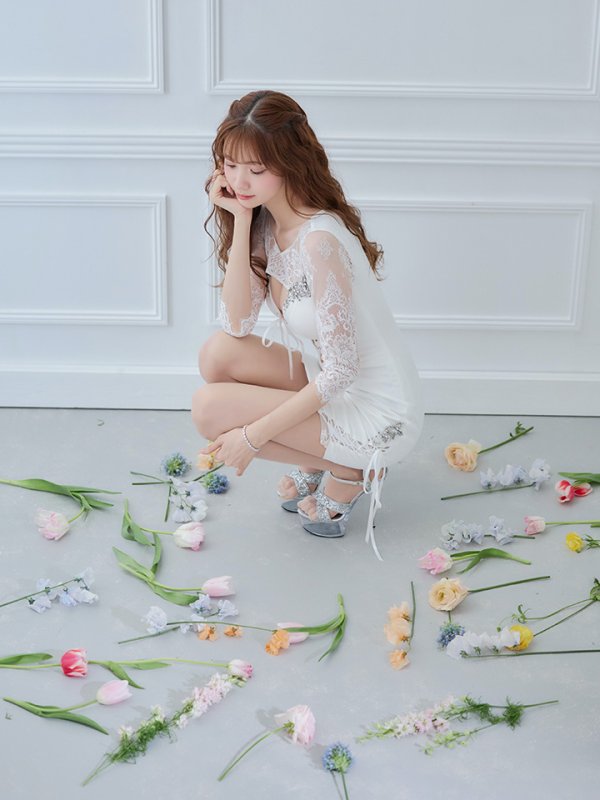 画像8: XSサイズあり【ANGEL R/エンジェルアール】バストレースアップ/ フラワーロングスリーブ/ 袖あり/ 長袖/ タイト/ ミニドレス/ キャバドレス[OF2]