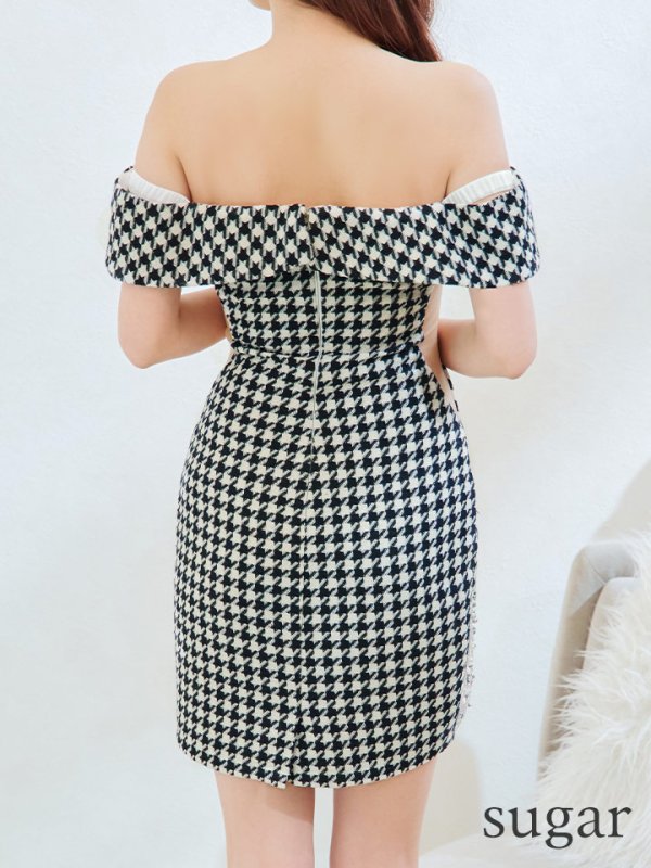 画像30: sugarコラボ商品☆XSサイズあり【ANGEL R/エンジェルアール】オフショルダー/ 千鳥柄/ ツイード/ バストフラワーパールビジュー/ タイト/ ミニドレス/ キャバドレス[OF2]