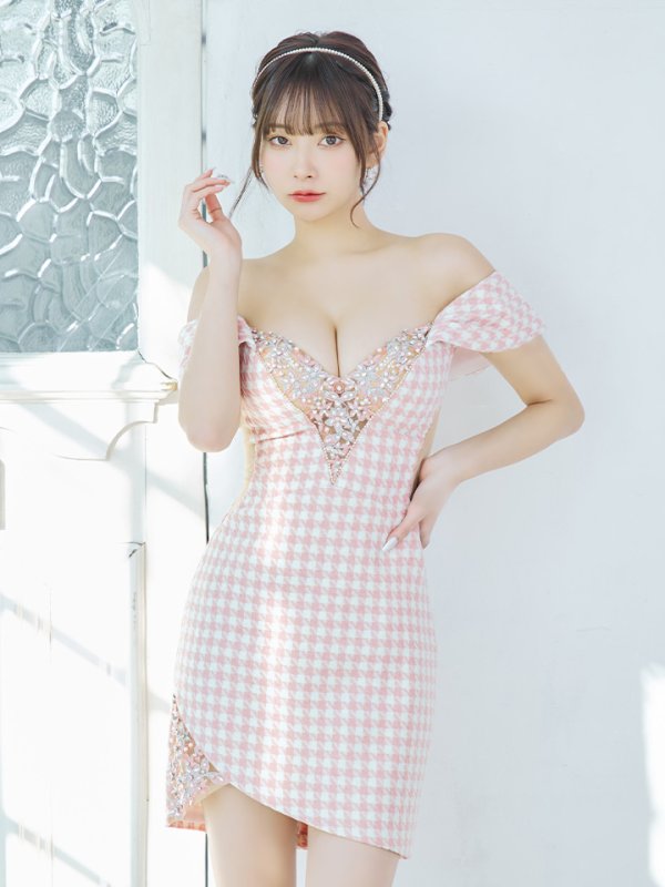 画像3: sugarコラボ商品☆XSサイズあり【ANGEL R/エンジェルアール】オフショルダー/ 千鳥柄/ ツイード/ バストフラワーパールビジュー/ タイト/ ミニドレス/ キャバドレス[OF2]