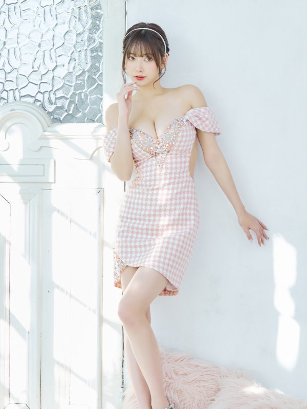 画像6: sugarコラボ商品☆XSサイズあり【ANGEL R/エンジェルアール】オフショルダー/ 千鳥柄/ ツイード/ バストフラワーパールビジュー/ タイト/ ミニドレス/ キャバドレス[OF2]