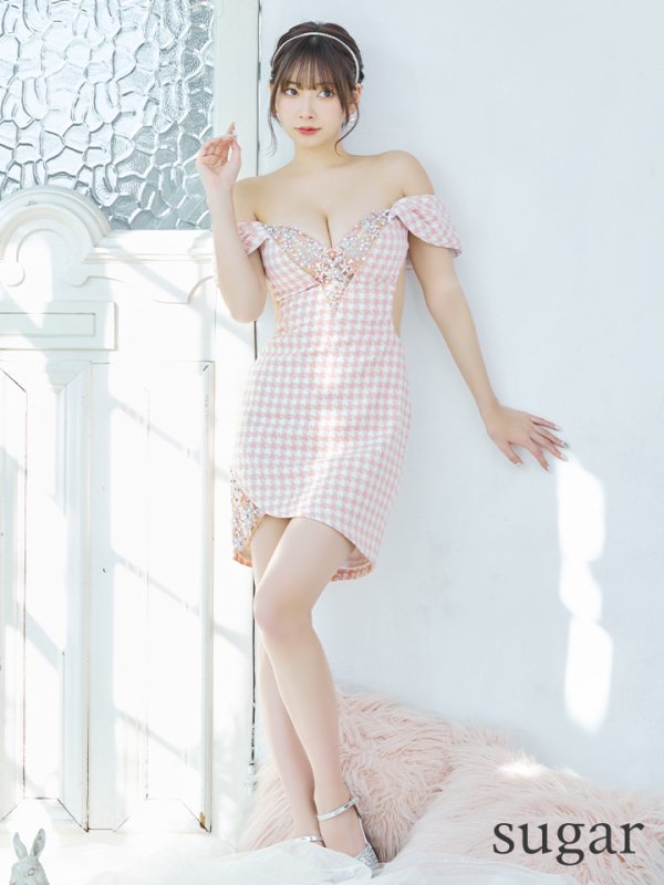 画像7: sugarコラボ商品☆XSサイズあり【ANGEL R/エンジェルアール】オフショルダー/ 千鳥柄/ ツイード/ バストフラワーパールビジュー/ タイト/ ミニドレス/ キャバドレス[OF2]