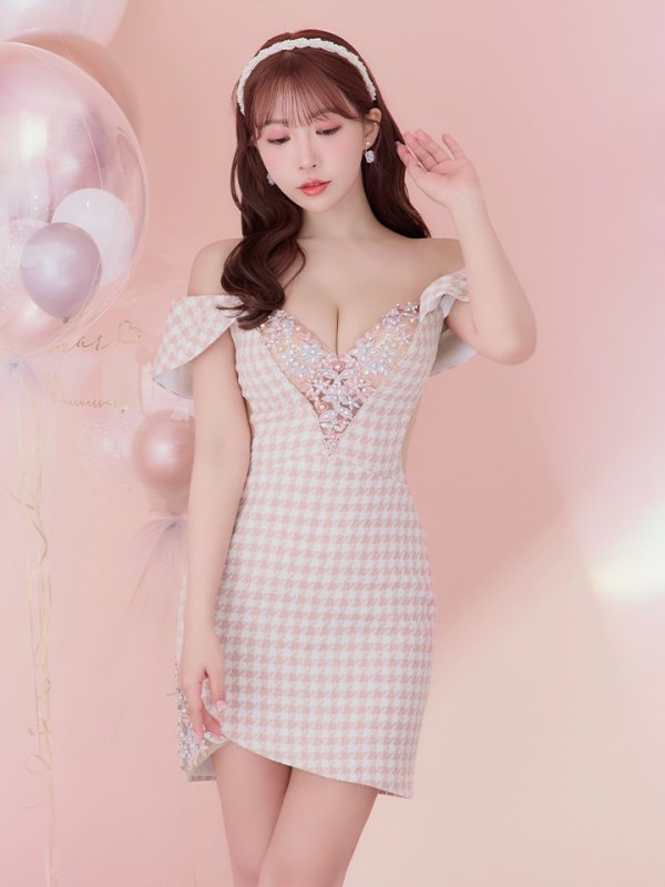 画像4: sugarコラボ商品☆XSサイズあり【ANGEL R/エンジェルアール】オフショルダー/ 千鳥柄/ ツイード/ バストフラワーパールビジュー/ タイト/ ミニドレス/ キャバドレス[OF2]