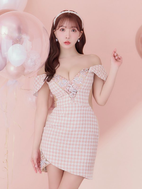 画像5: sugarコラボ商品☆XSサイズあり【ANGEL R/エンジェルアール】オフショルダー/ 千鳥柄/ ツイード/ バストフラワーパールビジュー/ タイト/ ミニドレス/ キャバドレス[OF2]