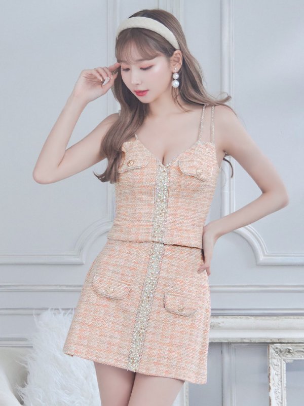 画像14: XSサイズあり【ANGEL R/エンジェルアール】スパンコールパールビジュー/ フラップボタン/ ツイード/ セパレート/ チェック/ マイクロミニ/ セットアップ/ ミニドレス/ キャバドレス[OF2]