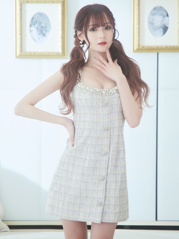画像4: XSサイズあり【ANGEL R/エンジェルアール】チェックツイード/ バストパールビジュー/ フロントボタン/ フレア/ ミニドレス/ キャバドレス[OF2]