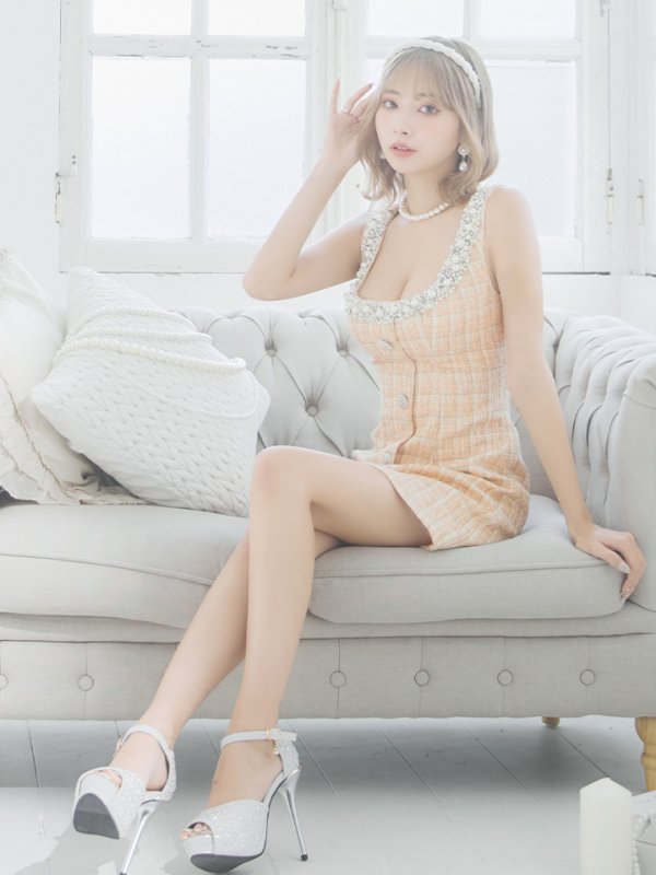 画像3: XSサイズあり【ANGEL R/エンジェルアール】チェックツイード/ バストパールビジュー/ フロントボタン/ フレア/ ミニドレス/ キャバドレス[OF2]