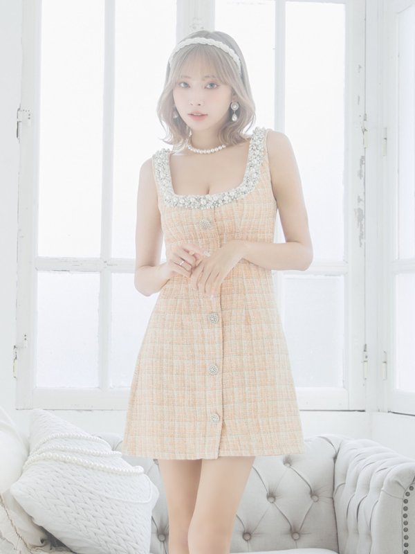 画像4: XSサイズあり【ANGEL R/エンジェルアール】チェックツイード/ バストパールビジュー/ フロントボタン/ フレア/ ミニドレス/ キャバドレス[OF2]