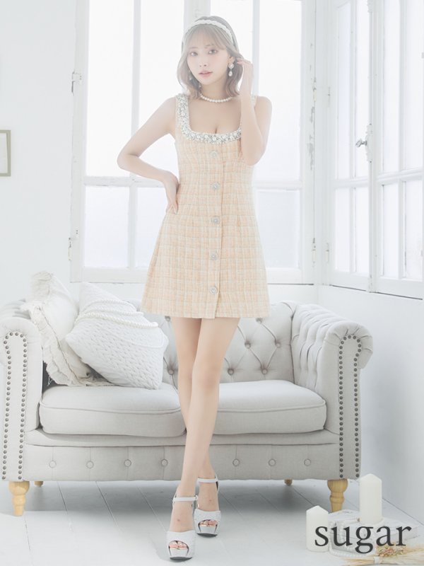 画像7: XSサイズあり【ANGEL R/エンジェルアール】チェックツイード/ バストパールビジュー/ フロントボタン/ フレア/ ミニドレス/ キャバドレス[OF2]