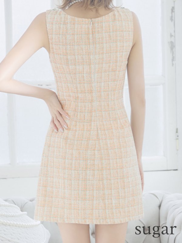 画像9: XSサイズあり【ANGEL R/エンジェルアール】チェックツイード/ バストパールビジュー/ フロントボタン/ フレア/ ミニドレス/ キャバドレス[OF2]