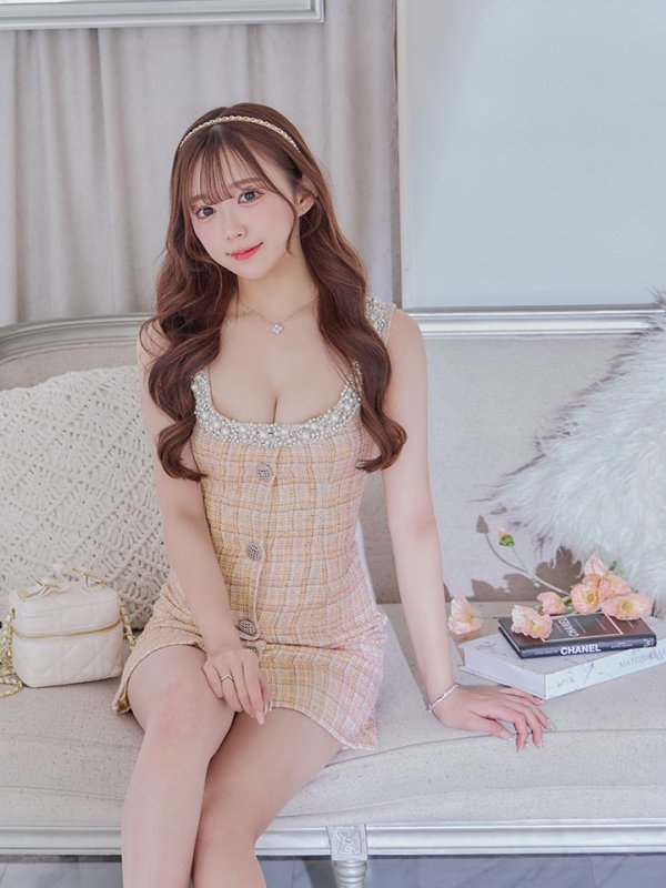 画像13: XSサイズあり【ANGEL R/エンジェルアール】チェックツイード/ バストパールビジュー/ フロントボタン/ フレア/ ミニドレス/ キャバドレス[OF2]