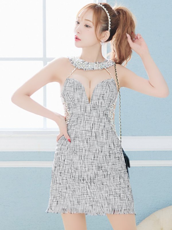 画像4: XSサイズあり【ANGEL R/エンジェルアール】チェックツイード/ デコルテビジューチェーン/ カットオフ/ ホルター/ アメスリ/ フレア/ ミニドレス/ キャバドレス[OF2]