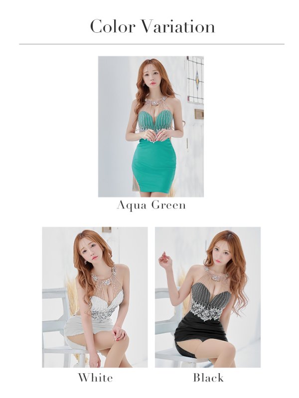 画像21: XSサイズあり【ANGEL R/エンジェルアール】デコルテバストチェーン/ パールビジュー/ シアー/ ワンカラー/ タイト/ ミニドレス/ キャバドレス[OF2]