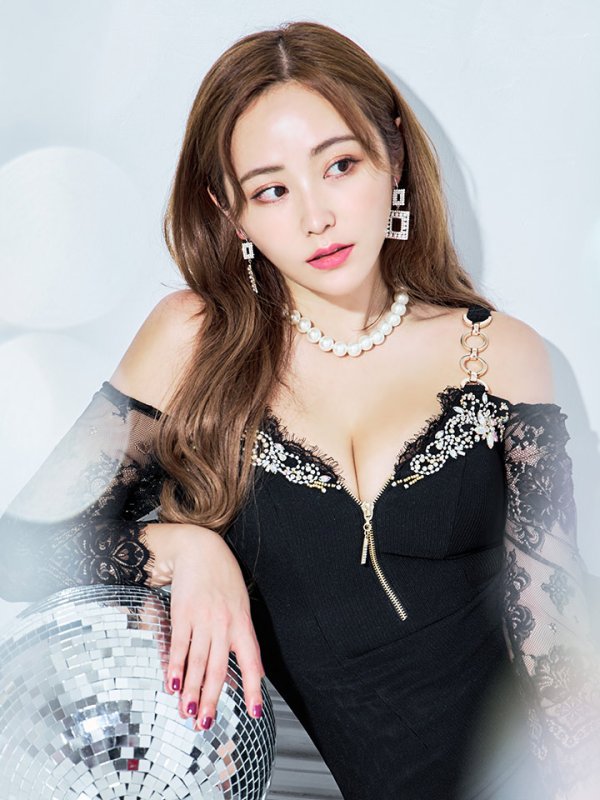 画像5: XSサイズあり【ANGEL R/エンジェルアール】オフショル/ ショルダーチェーン/ フロントジップ/ バストビジュー/ 七分袖/ 長袖/ 袖あり/ リブニット/ タイト/ ミニドレス/ キャバドレス[OF2]