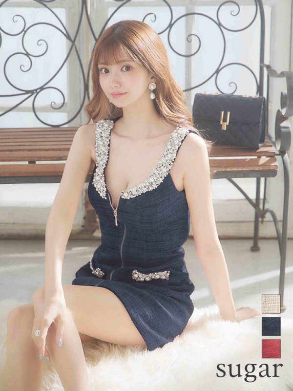 XSサイズあり【Angel R/エンジェルアール】ショルダーデコルテパール/ ビジューポケット/ ツイード/ ノースリーブ/ Aライン/ ミニドレス/ キャバドレス ネイビー