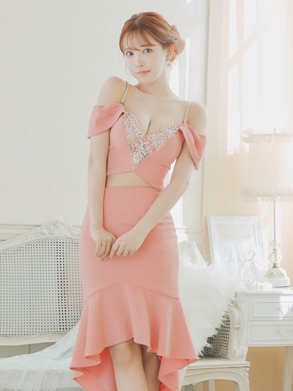 画像6: XSサイズあり【ANGEL R/エンジェルアール】バストフラワーレース/ ビジュー/ セパレート/ オフショル/ マーメイド/ ミディアムドレス/ キャバドレス[OF2]