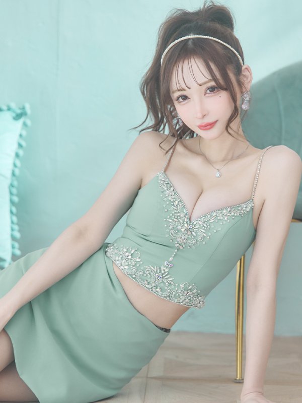 画像8: XSサイズあり【ANGEL R/エンジェルアール】アッパーフロントビジュー/ セパレート/ キャミソール/ セットアップ/ 台形スカート/ ミニドレス/ キャバドレス[OF2]