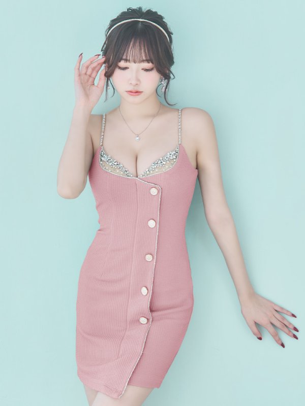 画像12: XSサイズあり【ANGEL R/エンジェルアール】バストメッシュ/ ビジュー/ ボタン/ キャミソール/ タイト/ ミニドレス/ キャバドレス[OF2]