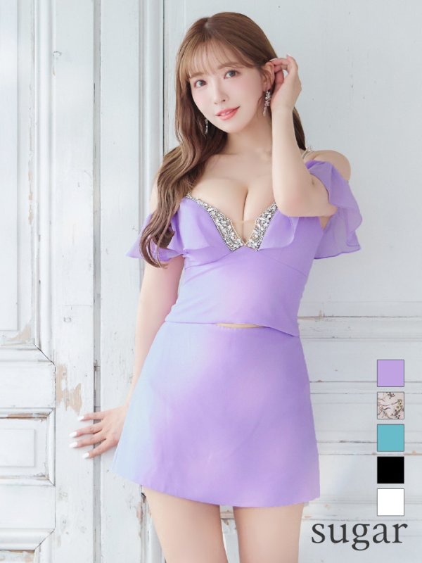 画像1: XSサイズあり【ANGEL R/エンジェルアール】バストビジュー/ シースルーレース/ オフショルダー/ セパレート/ タイト/ ミニドレス/ キャバドレス[OF2]