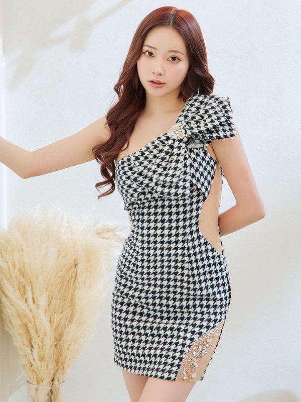 画像3: sugarコラボ商品☆XSサイズあり【ANGEL R/エンジェルアール】ワンショルダー/ 千鳥柄/ ツイード/ ビッグリボンパールビジュー/ タイト/ ミニ/ キャバドレス[OF2]