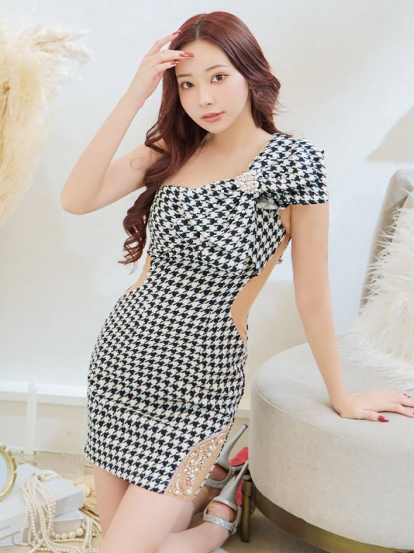画像4: sugarコラボ商品☆XSサイズあり【ANGEL R/エンジェルアール】ワンショルダー/ 千鳥柄/ ツイード/ ビッグリボンパールビジュー/ タイト/ ミニ/ キャバドレス[OF2]