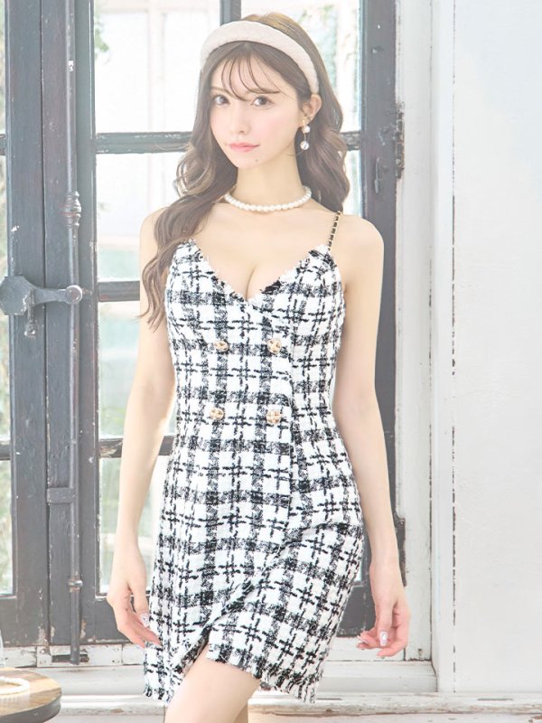 画像6: XSサイズあり【ANGEL R/エンジェルアール】チェックツイード/ ダブルデザイン/ ショルダーチェーン/ フレア/ ミニドレス/ キャバドレス[OF2]