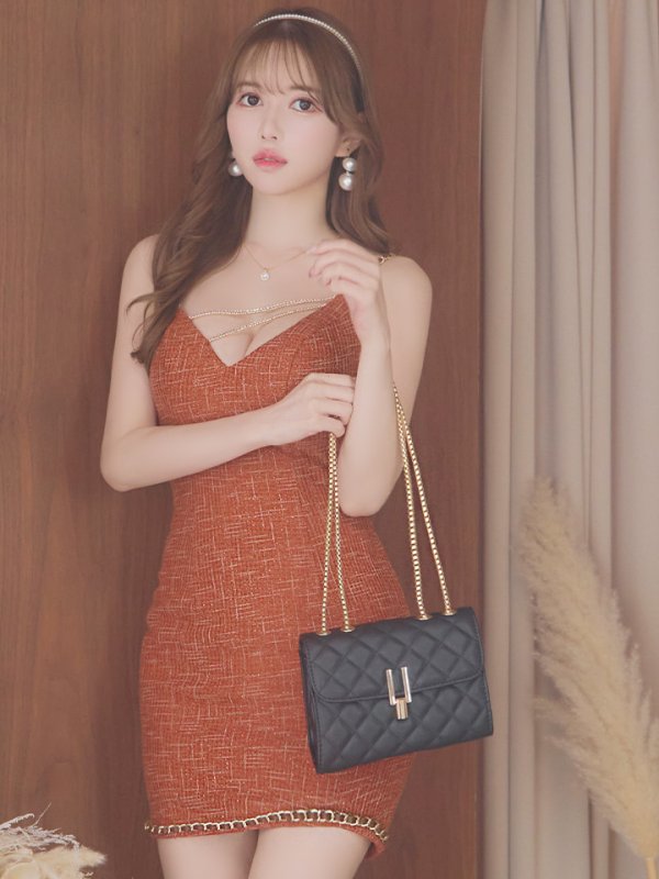 画像3: XSサイズあり【ANGEL R/エンジェルアール】バストラインビジュー/ レザーチェーン/ チェック/ キャミソール/ タイト/ ミニドレス/ キャバドレス[OF2]