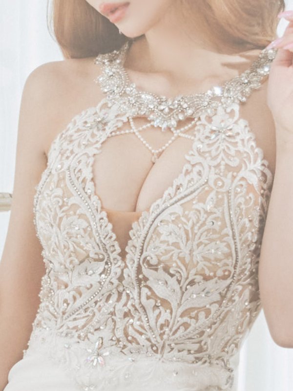 画像9: 【ANGEL R/エンジェルアール】フラワーレース/ デコルテビジュー/ パールチェーン/ ワンカラー/ タイト/ スリット/ ロングドレス/ キャバドレス long[OF2]