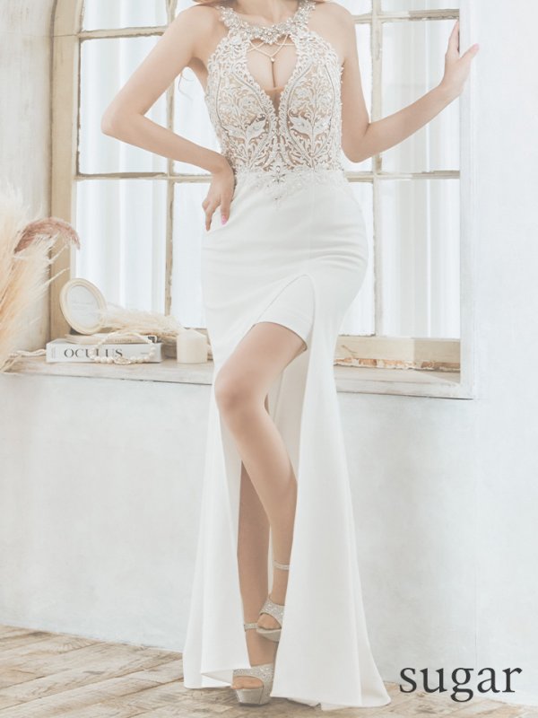 画像11: 【ANGEL R/エンジェルアール】フラワーレース/ デコルテビジュー/ パールチェーン/ ワンカラー/ タイト/ スリット/ ロングドレス/ キャバドレス long[OF2]